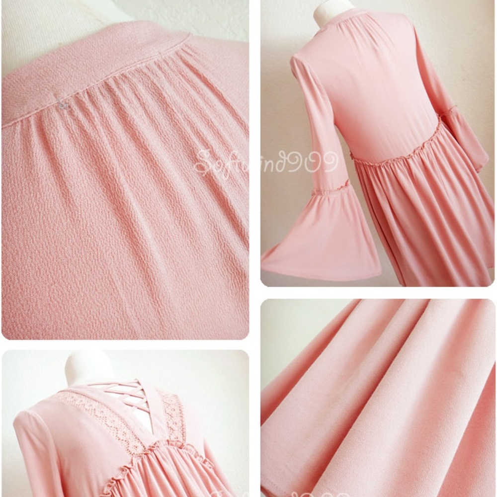 Last☝️Pink Laced Up Bell Sleeves Boho Swing Dress - Picture 4 of 8